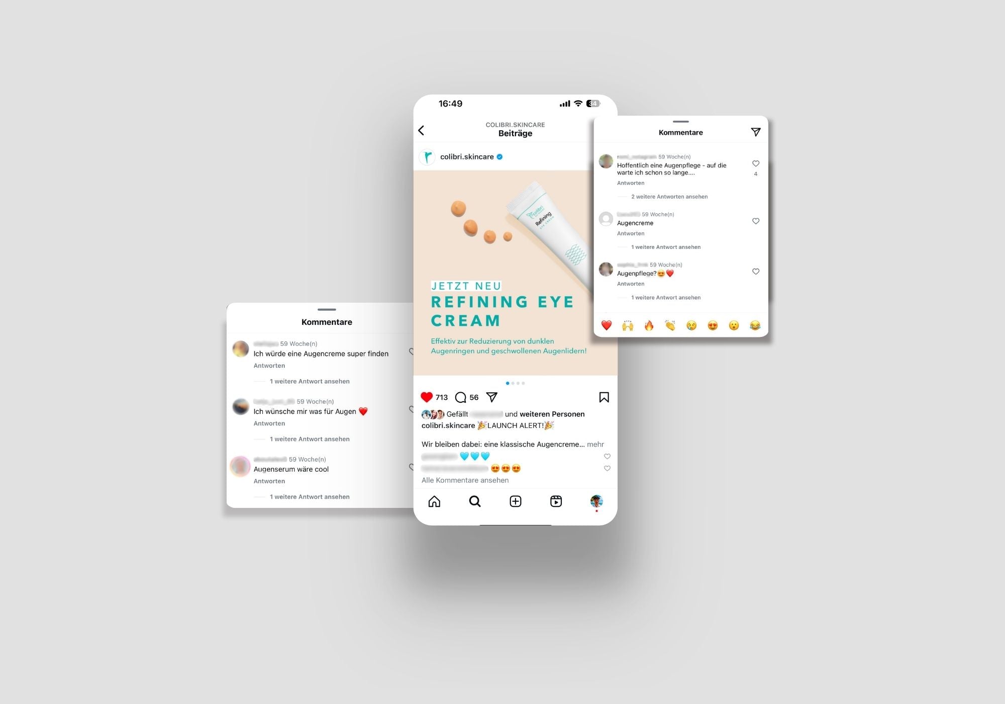Werbung für eine Augencreme auf einem Handybildschirm, umgeben von Kommentaren zu Augenkosmetik.